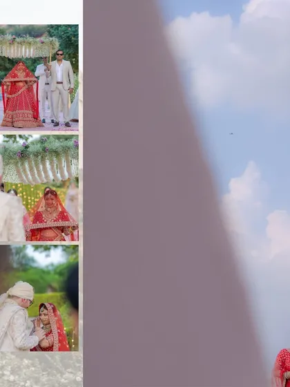 A collage showing the bride's journey to the mandap. From her entrance under the phoolon ki chadar to the first look, it builds the story of the ceremony.