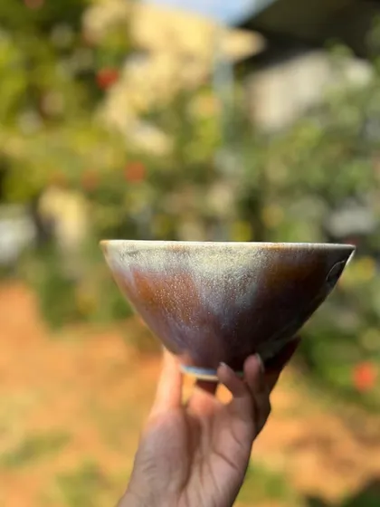 The exterior of the Rutile on Chun test bowl. The way the glazes drip and interact creates such an organic, beautiful texture.