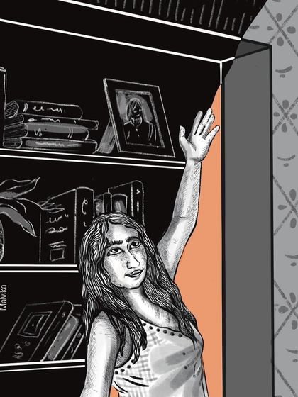 A close-up detail from my 'Secret Door' illustration. This shot focuses on the character reaching for the bookshelf, highlighting the hopeful expression and the desire to escape into another world.