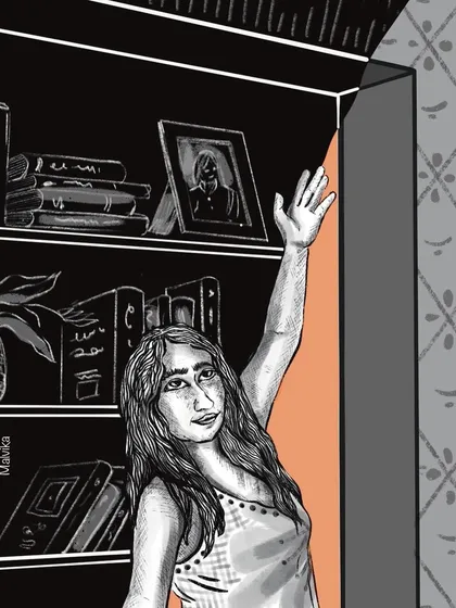 A close-up detail from my 'Secret Door' illustration. This shot focuses on the character reaching for the bookshelf, highlighting the hopeful expression and the desire to escape into another world.