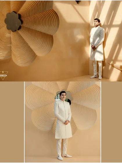 A collage of the groom in his white sherwani, posing against a creative, textured wall, showcasing his clean and elegant style.