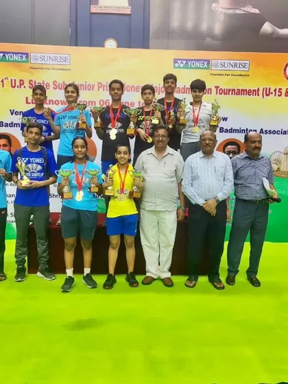 The prize distribution ceremony at the U.P. State Sub-Junior Tournament. Our players proudly display their trophies, a result of their hard work and our structured coaching system.