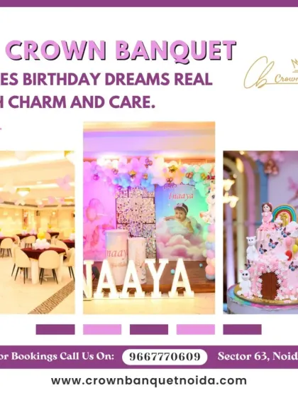 A collage showcasing a dreamy, cloud-themed birthday for Naaya. It highlights the beautiful backdrop, the custom cake, and the elegant ambiance of our hall.