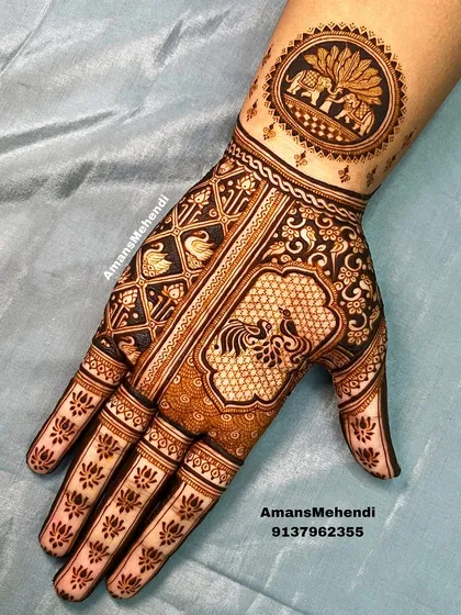 This design shows my love for traditional Indian motifs combined with a modern use of space. The intricate patterns with swans, peacocks, and elephants are balanced with bold, clean lines for a striking effect.