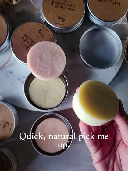 A quick, natural pick-me-up. My mini lotion bars come in different scents and are perfect for travel or keeping in your bag for moisture on the go.