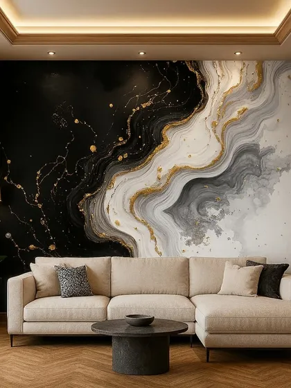 A high-contrast abstract wallpaper with a black and white liquid marble effect, highlighted by splashes of gold. This design is both dramatic and elegant.