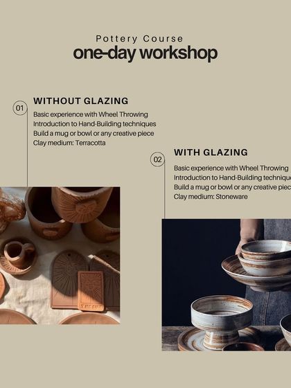 Our one-day pottery workshop flyer, with options for with or without glazing. A perfect way to embrace the art of slowing down.