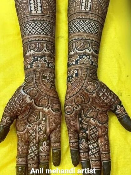 A full coverage design with a mix of floral, paisley, and geometric patterns, perfect for a grand bridal look.