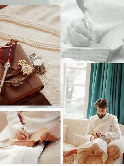 A creative collage of the groom writing in a journal with a quill pen. This tells a story of a groom reflecting on his big day, adding a poetic touch to his portraits.