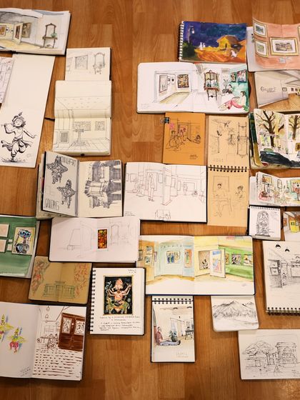 A collection of sketchbooks from the talented artists of @uskbengaluru, filled with their unique interpretations of the works on display at our 'The Masters & The Modern: South Edition' show.