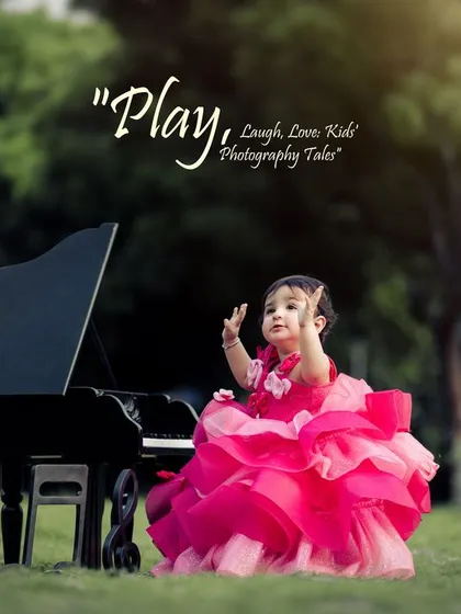 Our creative outdoor portraits are designed to feel like a fairytale. Here, we brought one of our miniature pianos into a park setting, creating a whimsical scene that captures the magic of childhood imagination.