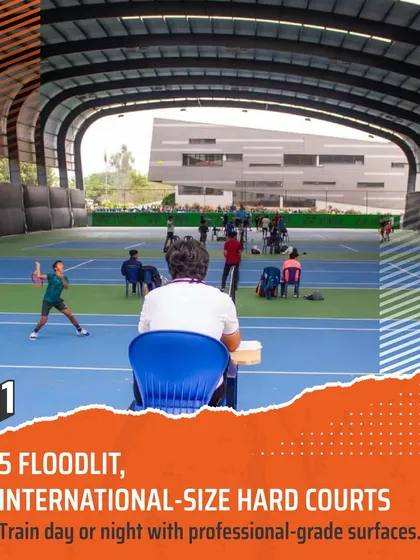 Our training is supported by world-class infrastructure. We have five floodlit, international-size hard courts, allowing our athletes to train day or night on professional-grade surfaces, simulating the conditions of top-tier tournaments.