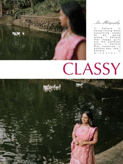 A collage from the "classy" series, showing portraits of a woman in a pink saree by a pond with ducks, creating a peaceful and elegant scene.