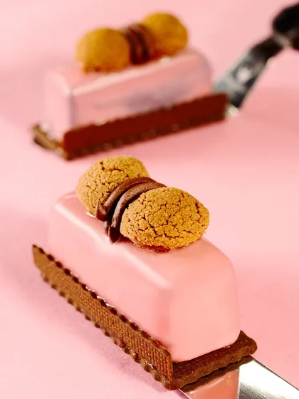 A beautifully crafted pink entremet from a Morde Chocolate project. The lighting and composition are designed to make this dessert look like a piece of edible art.