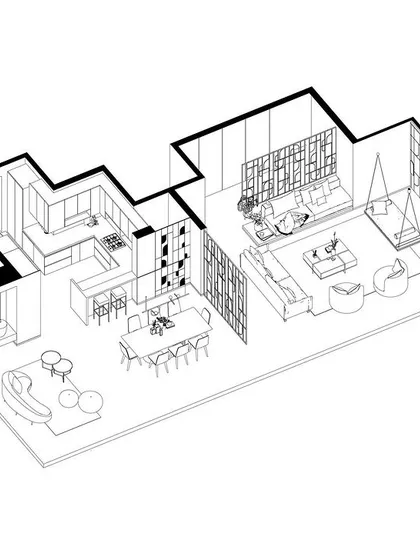 A sectional line drawing showing the open-plan layout of the formal living, dining, and kitchen areas. This type of drawing helps in understanding the spatial relationships and vertical scale of the design.