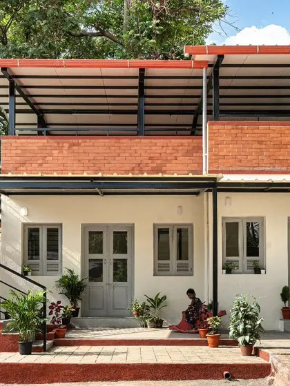 This is the facade of the Anganwadi school, designed to be simple, climate-responsive, and welcoming. The terracotta cladding adds warmth, while the recessed entry and insulated roof help manage the southern sun, keeping the interiors cool. It’s proof that thoughtful, sustainable design can be achieved on any budget.