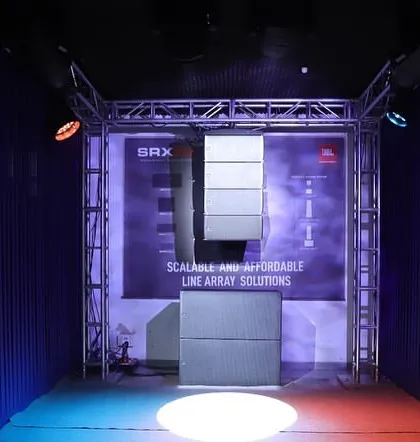 Inside my experience center, I have dedicated demo spaces like this one showcasing a JBL BRX line array system. This setup allows you to experience the scalable and powerful audio solutions I offer for tours, installations, and live events.