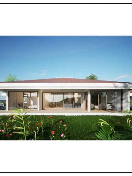 A rendering of an upcoming project, crafted to evoke a sense of wonder and admiration. This single-story home features a clean, minimalist design with large glass openings to a landscaped garden.