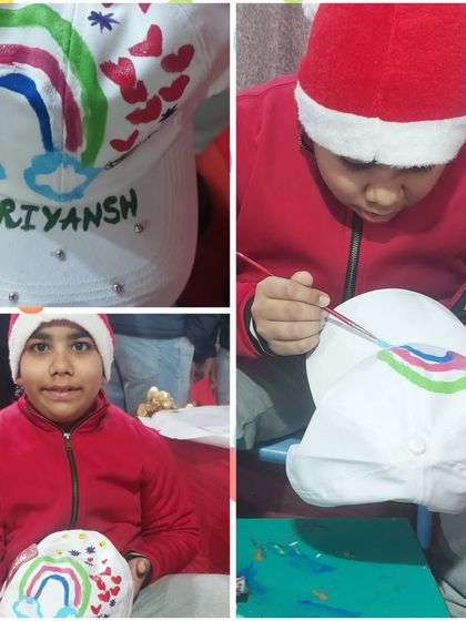 During a Christmas carnival, this young artist painted a beautiful rainbow and hearts on his cap. It's a wonderful, wearable souvenir from a day of festive fun.