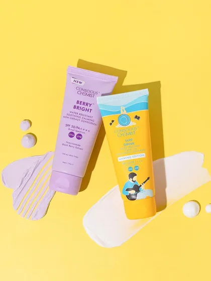 We combined texture swatches with a product stack to create this dynamic composition. The arrangement feels modern and playful, while the swatches provide valuable information about the product's color and consistency.