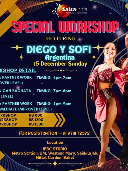 We bring the world's best dancers to you. This poster announces a special workshop with Argentinian champions Diego & Sofi, giving our students a chance to learn Salsa and Dominican Bachata from global icons right here in our studio.