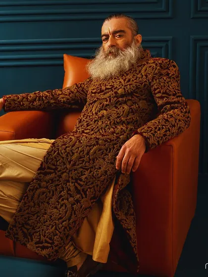 Seated in our maroon and gold embroidered sherwani, this look exudes a powerful, confident presence. It's a modern interpretation of the classic Indian maharaja style.
