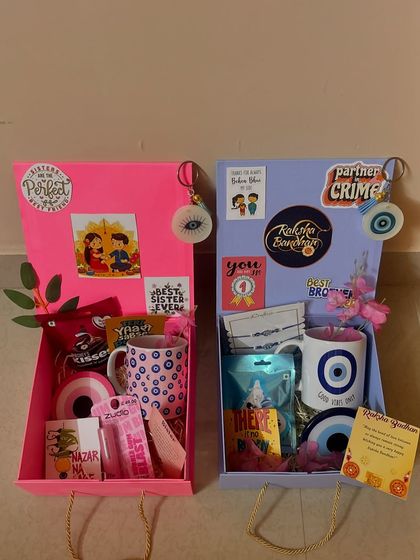 Another view of the matching Rakhi hampers. The fun stickers and personalized touches make these gifts extra special for the festival.