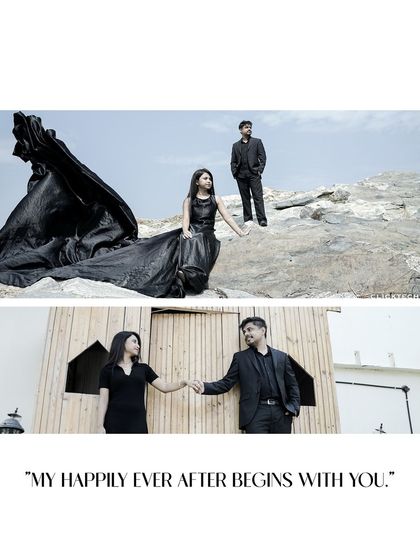 This set of creative collages and layouts artfully combines multiple moments from pre-wedding shoots, focusing on romantic details, different outfits, and scenic backdrops to tell a complete story.