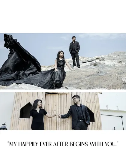 This set of creative collages and layouts artfully combines multiple moments from pre-wedding shoots, focusing on romantic details, different outfits, and scenic backdrops to tell a complete story.