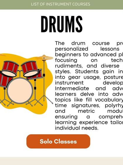 Our drum course provides personalized lessons focusing on technique, rudiments, and diverse music styles for players of all levels.