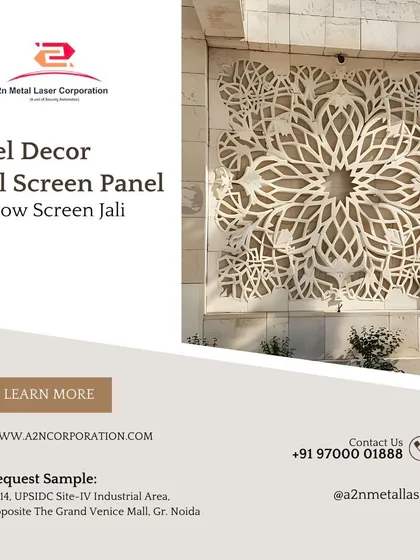 This exterior wall features a large, decorative panel with a floral mandala pattern cut into it. This application shows how our jali screens can be integrated directly into building structures to serve as artistic window screens or wall decor.