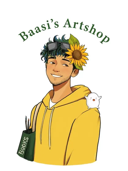 This is the official logo for Baasi's Artshop. It’s a self-portrait that captures my love for art, sunflowers, and a little bit of whimsy. I wanted my brand to feel personal and true to who I am.