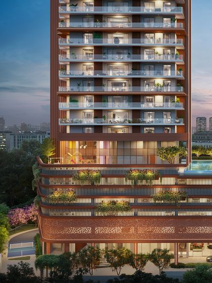 This view of The Dualis highlights the integration of the clubhouse and pool area at the podium level. The landscape design creates a lush, resort-style amenity deck that serves as the social heart of the community.