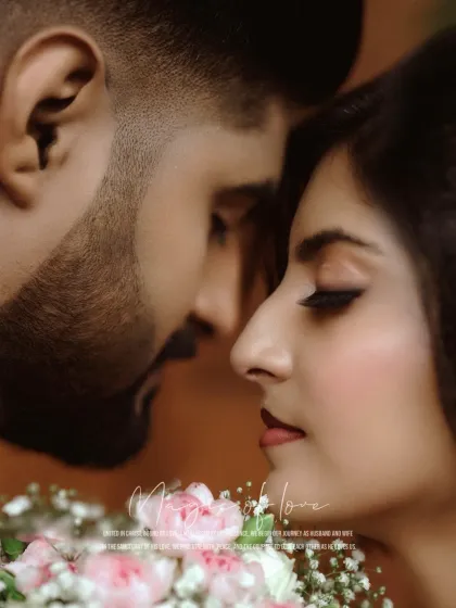 An intimate close-up of the couple, their faces close, capturing the deep connection and love between them. The bouquet adds a soft touch of color.