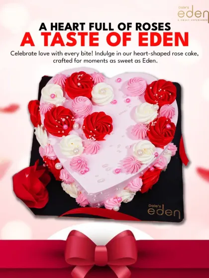 A heart full of roses, a taste of Eden. Celebrate love with this beautiful heart-shaped cake, covered in delicate red, pink, and white frosting roses.