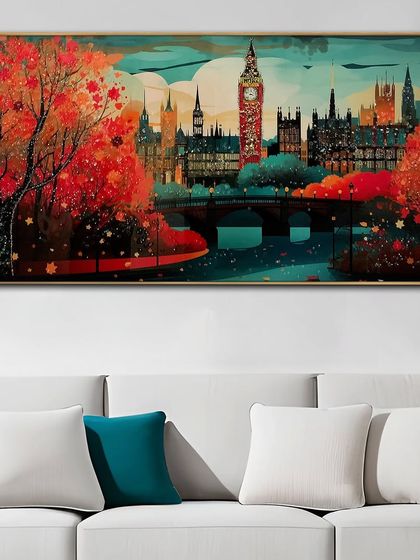 An artistic interpretation of the London skyline, this crystal glass painting uses bold, warm colors to create a vibrant and abstract view of the city, perfect for a modern interior.