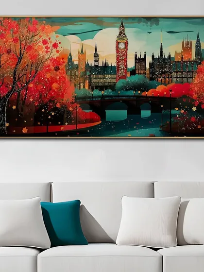 An artistic interpretation of the London skyline, this crystal glass painting uses bold, warm colors to create a vibrant and abstract view of the city, perfect for a modern interior.