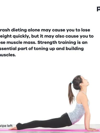 This carousel explains the difference between weight loss and toning. It highlights that the best approach is to combine a balanced diet with regular strength training from the start, rather than losing weight first and toning later.