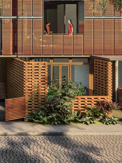 The operable wooden screens are shown in various positions, illustrating the dynamic nature of the facade.