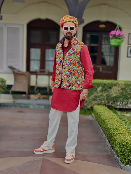 My full attire for a Rajasthani-themed Haldi in Mussoorie. I always dress to match the theme and energy of the event.