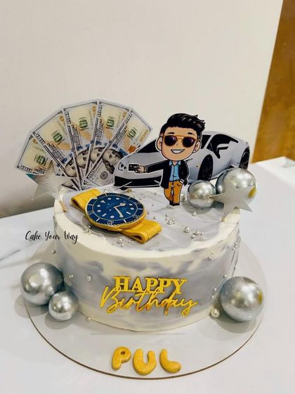 When style, swag, and sugar collide. A billionaire-themed cake with a luxury car, money, and a watch.