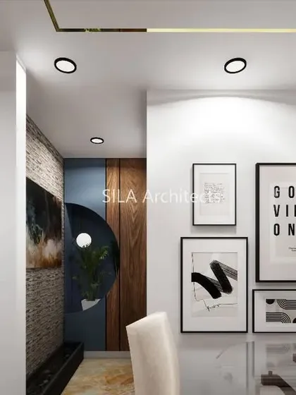 A dining area render with a simple, elegant table and a gallery wall, creating a personalized and artistic touch.