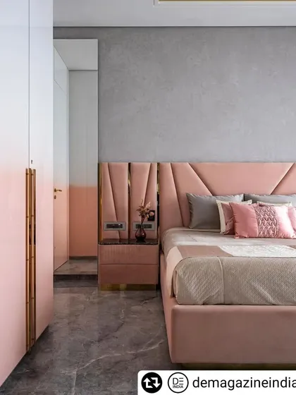 For this daughter's bedroom, we used a soft pink palette with an ombre effect on the wardrobes. The upholstered bed and headboard with geometric details add a touch of playful sophistication, creating a room that is both royal and youthful.