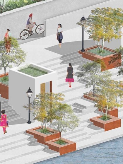 A detailed view of the public spaces in our Adarsh Gram proposal, featuring stepped plazas and integrated greenery designed to encourage community gathering.