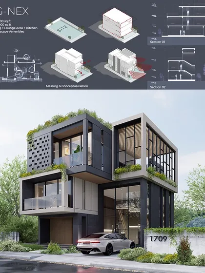 For our Villa G-NEX project, we broke down the design from the initial site plan to the final, stunning render. This sheet shows the conceptual massing, sectional cuts, and the final architectural visualization of a modern family villa, complete with a private pool and lush terrace gardens.