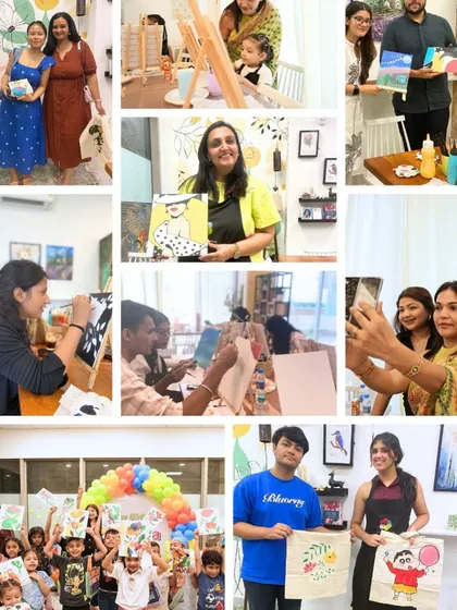 This is the heart of Soaked in Canvas. A collage of smiles, colorful hands, and proud artists from all walks of life who came to my studio to pause, play, and paint their hearts out.