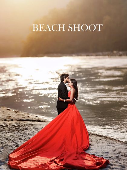 A "Beach Shoot" themed image showing a couple by the water in a dramatic red gown, perfect for an album section divider.