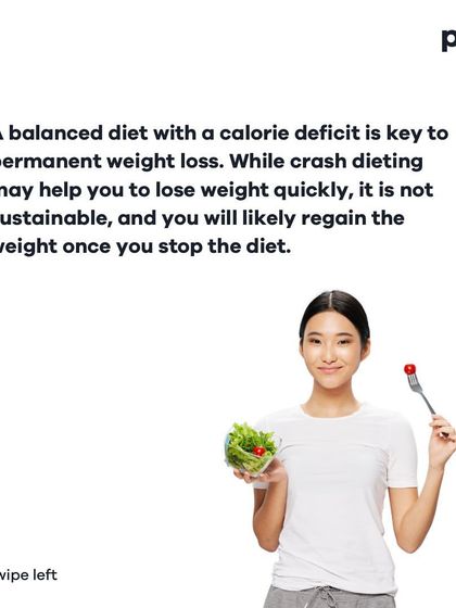 This carousel explains the difference between weight loss and toning. It highlights that the best approach is to combine a balanced diet with regular strength training from the start, rather than losing weight first and toning later.
