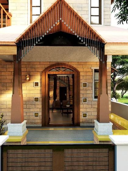 A close-up render of the entrance porch for the CSEB house. The design features a 'monkey-top' roof supported by traditional pillars, creating a welcoming and sheltered entryway that is characteristic of Mysore's architectural heritage.