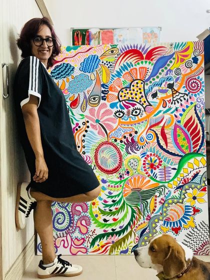 Another pose with my large canvas. This piece is a journey of color and abstract forms, and I love sharing its progress with you.